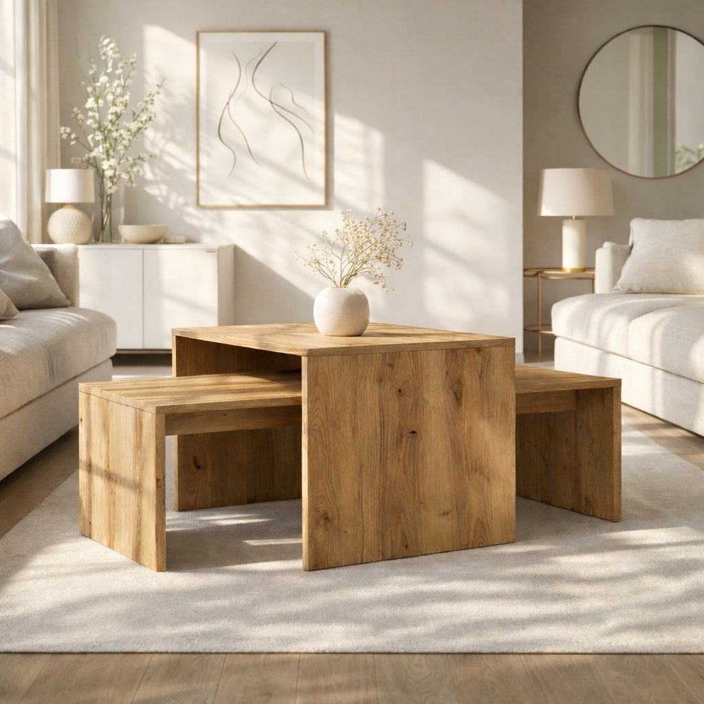 Table basse gigognes en bois intégrée dans un salon lumineux, style contemporain et naturel