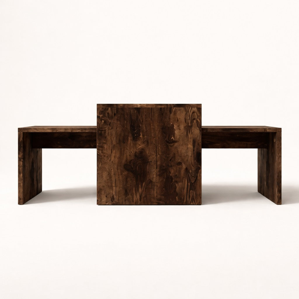 Table basse gigognes en bois chêne foncé vue de face, design massif et équilibré