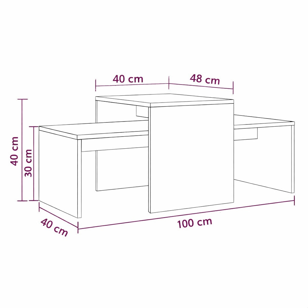 Schéma dimensions table basse gigognes en bois, conception modulable et proportions équilibrées