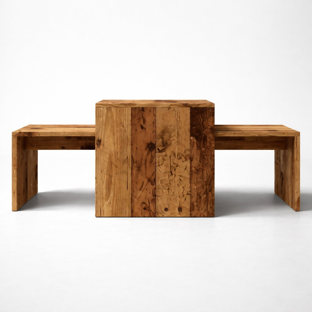 Table basse gigognes en bois vue de face, design géométrique et finition bois authentique