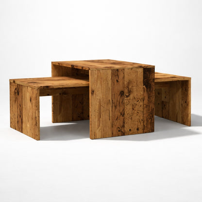 Table basse gigognes en bois aspect vieilli, structure emboîtée et style contemporain