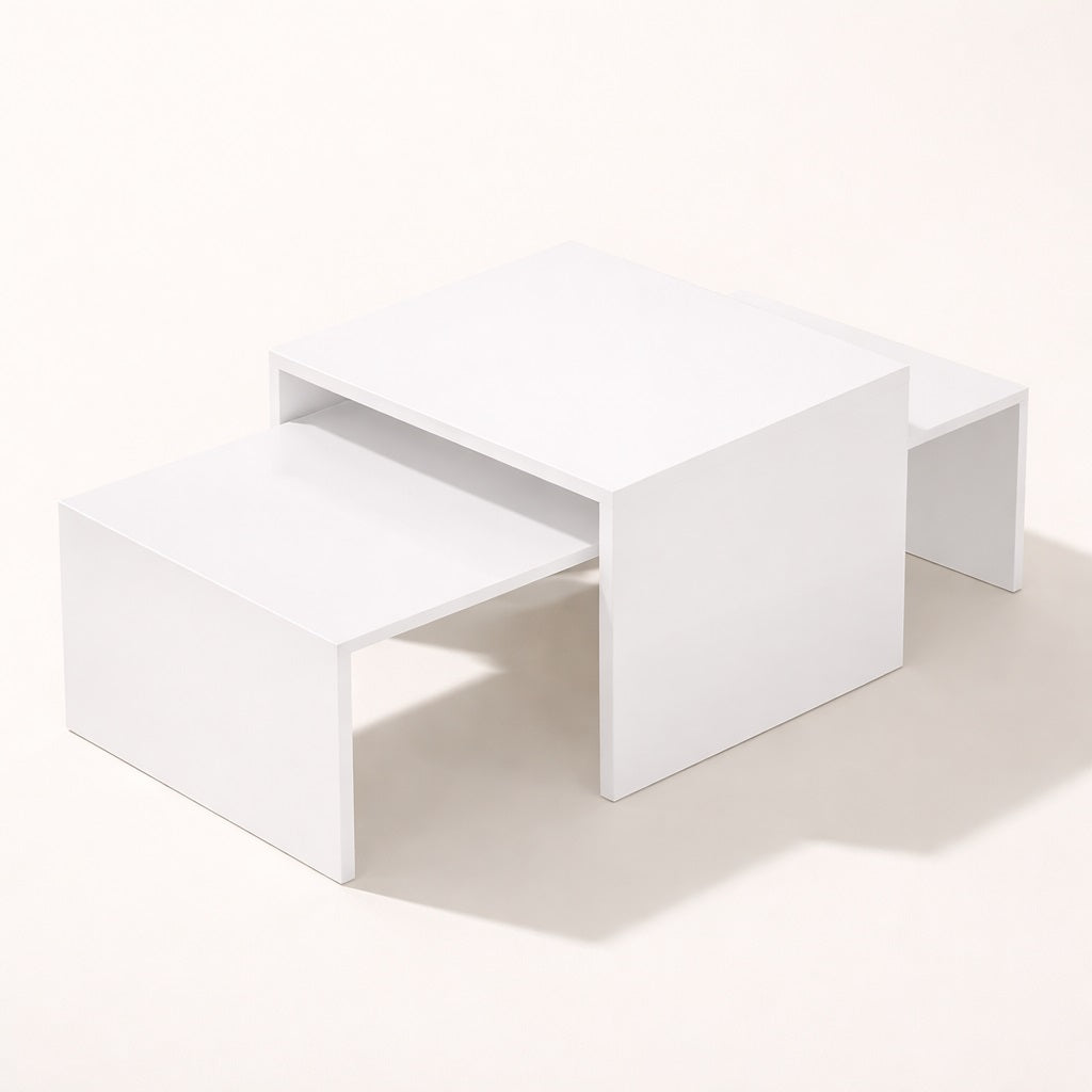 Table basse gigogne blanche design minimaliste, structure cubique moderne et lignes épurées