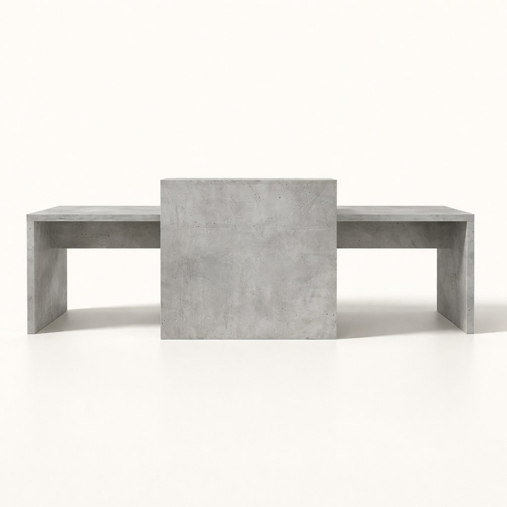 Table basse gigogne béton vue de face, lignes droites et esthétique contemporaine