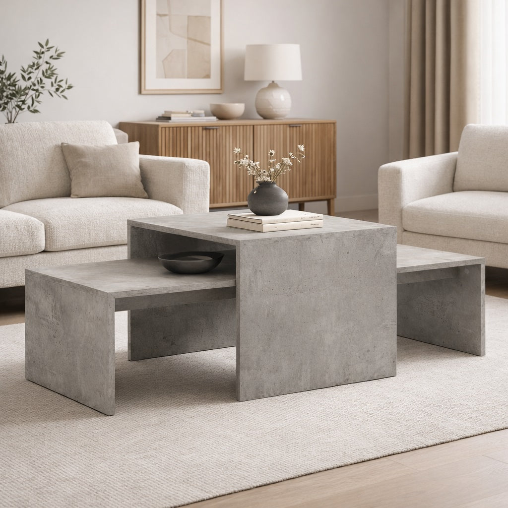 Table basse gigogne béton dans salon moderne, table design centrale au style minimaliste