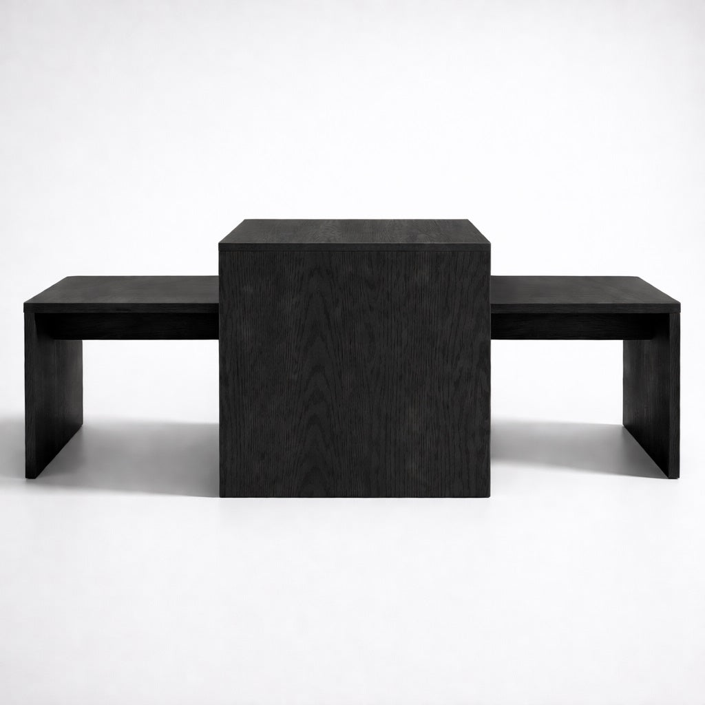 Table basse gigogne noire vue de face, style contemporain et finition bois foncé