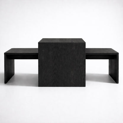 Table basse gigogne noire vue de face, style contemporain et finition bois foncé