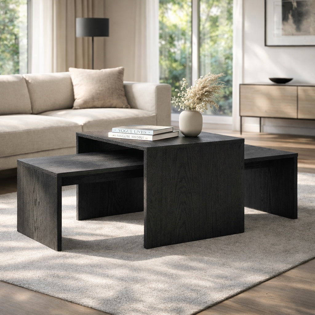 Table basse gigogne noire dans un salon design, table basse moderne et fonctionnelle