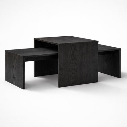 Table basse gigogne noire en bois, design moderne aux lignes cubiques et élégantes