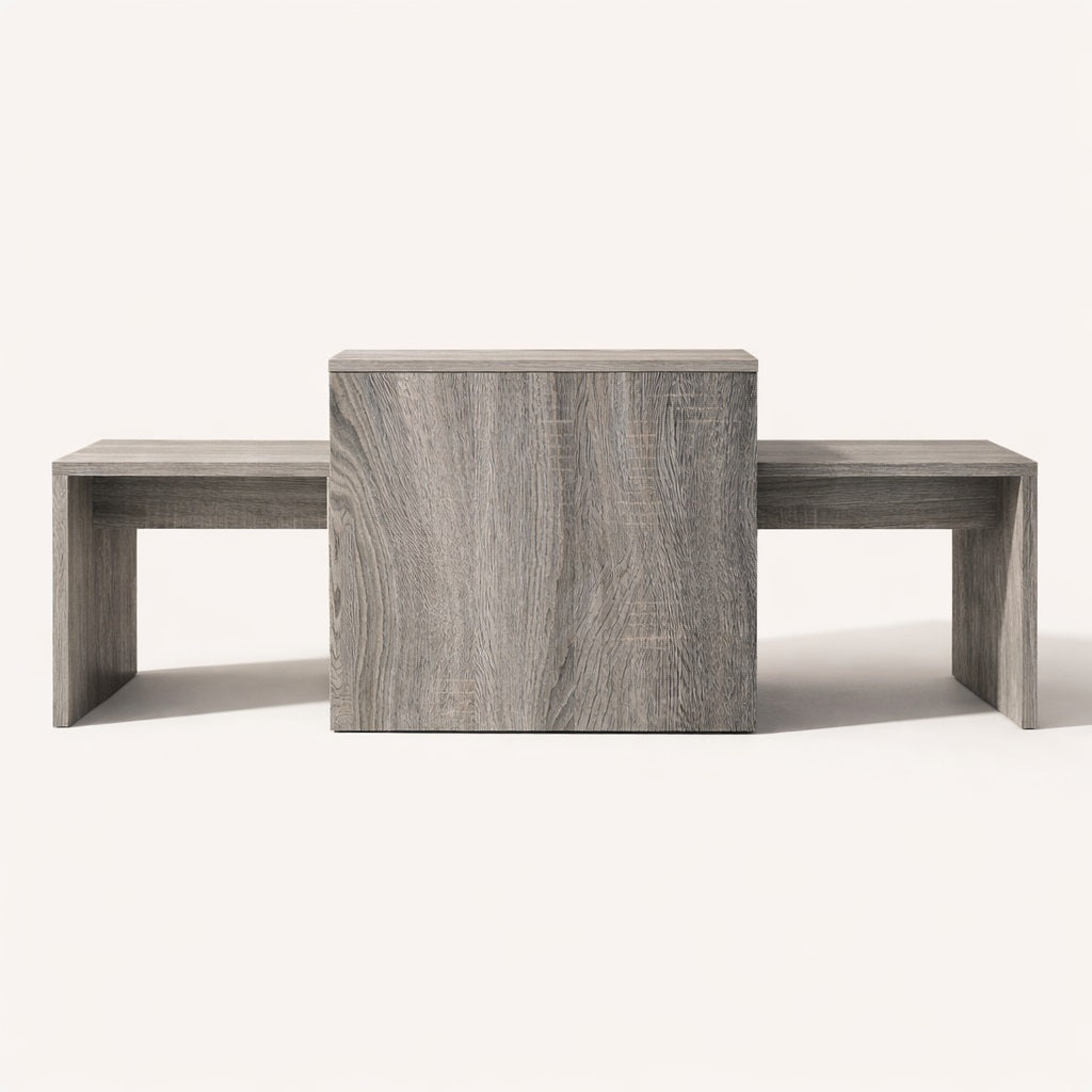 Table basse gigogne bois gris vue de face, lignes droites et style contemporain