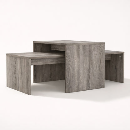 Table basse gigogne bois gris effet chêne, design moderne aux volumes imbriqués