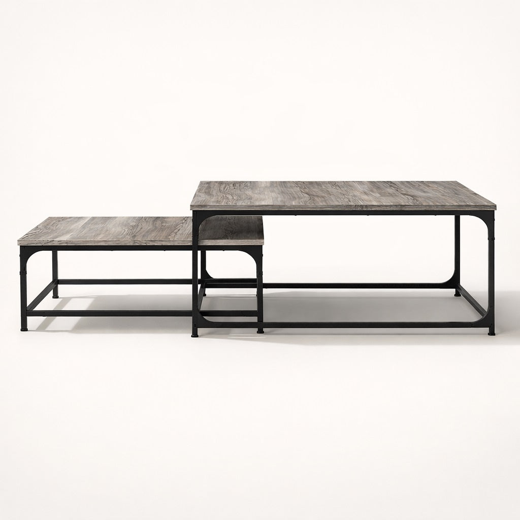 Table basse gigogne STRATA gris, ensemble modulable rectangulaire en métal noir et plateau gris, vue frontale.