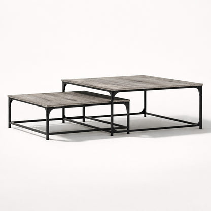 Table basse gigogne STRATA gris, design industriel avec plateau effet béton et structure métal noir, vue 3/4.