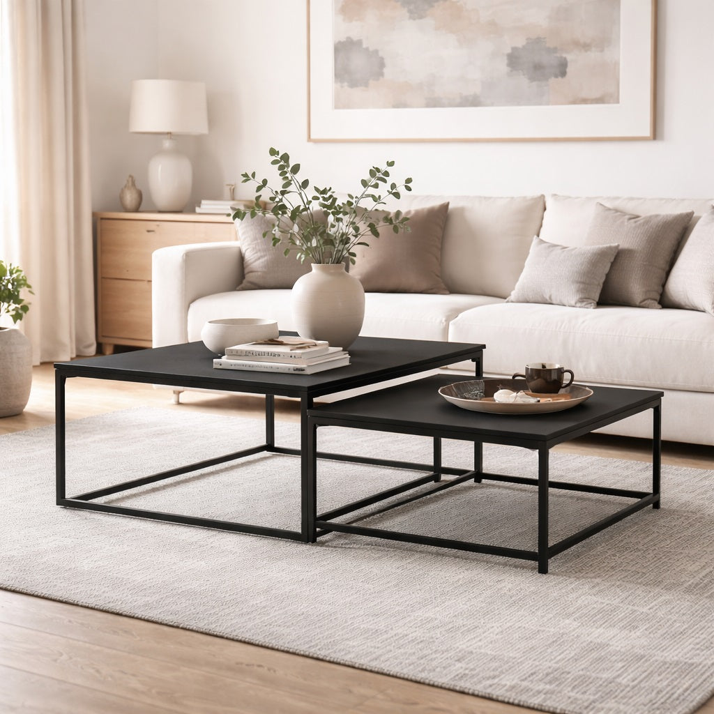 Table basse gigogne STRATA noir en situation, ensemble modulable élégant pour salon moderne.