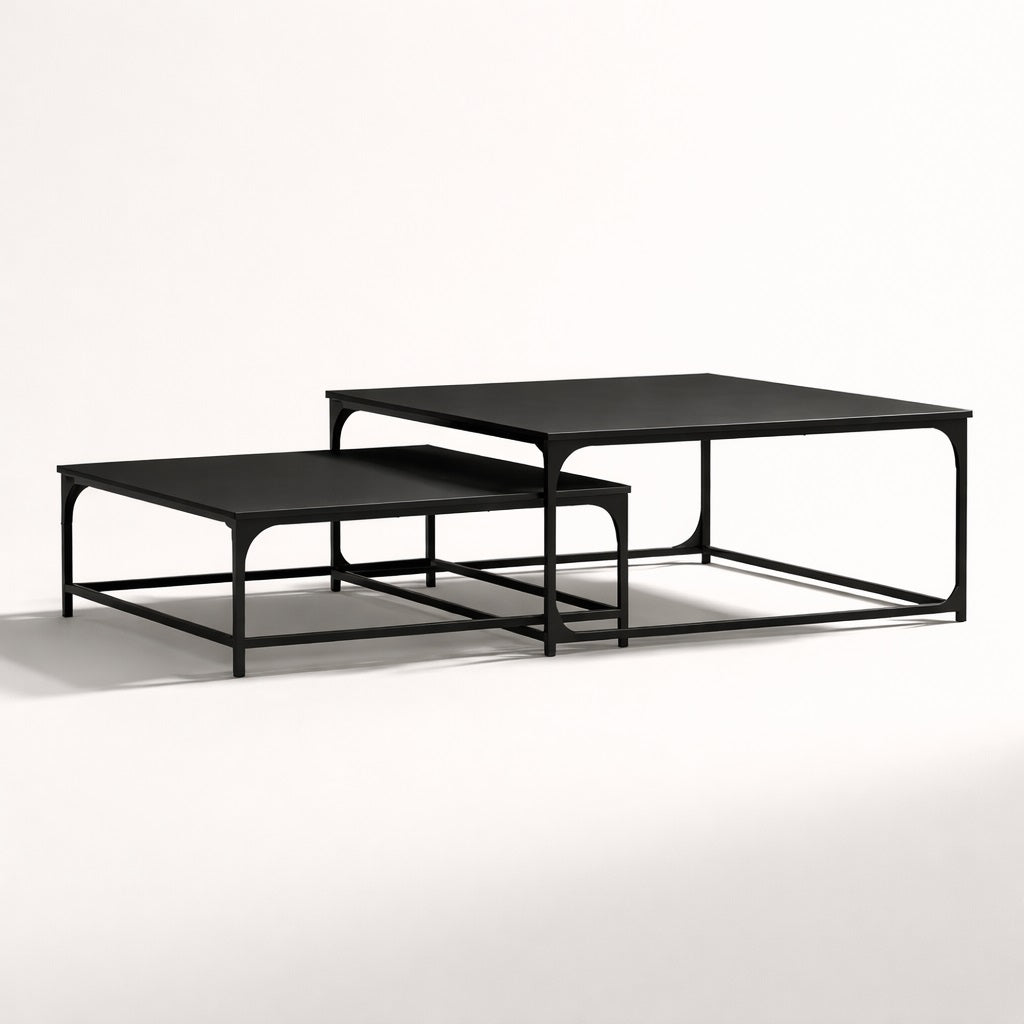 Table basse gigogne STRATA noir, double table rectangulaire au design minimaliste, structure métal noir.