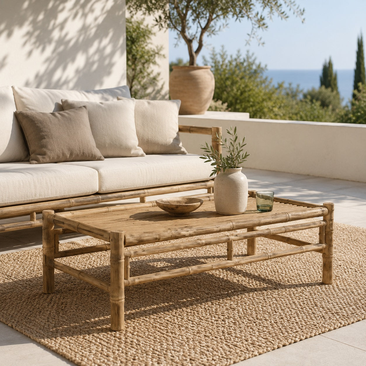Table basse de jardin en bambou sur terrasse méditerranéenne, table basse d'extérieur naturelle