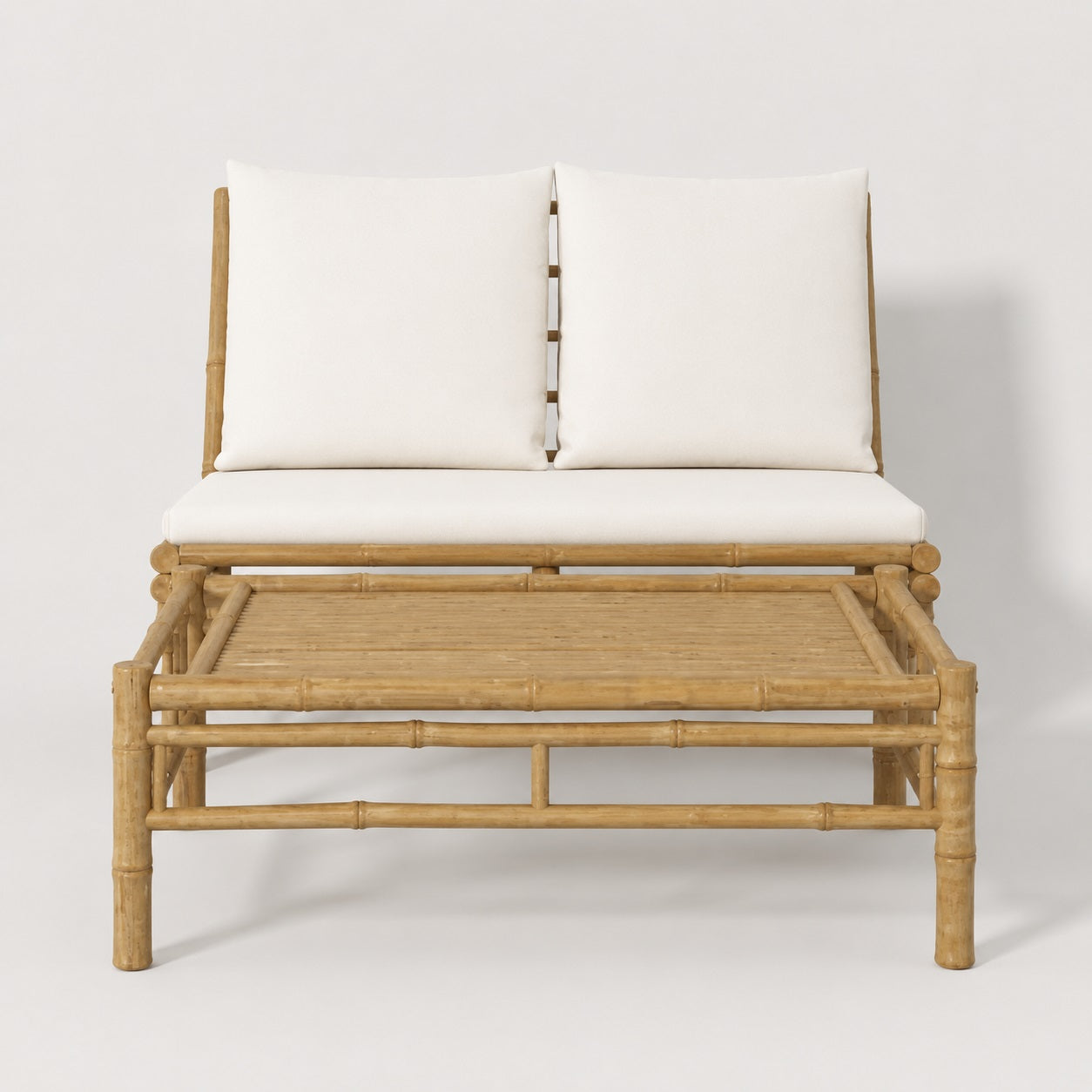 Table basse de jardin en bambou face avant avec banquette blanche, mobilier d'extérieur design