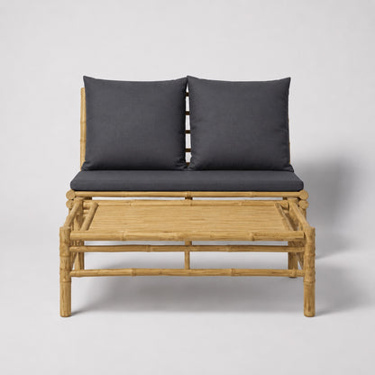 Ensemble salon bambou avec table basse de jardin et coussins gris, table basse d'extérieur moderne