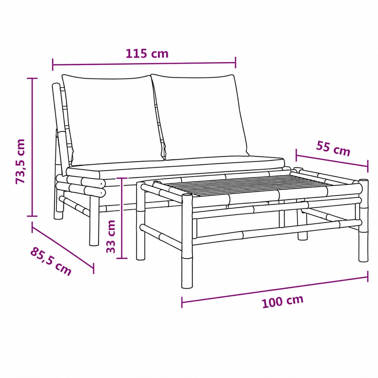 Dimensions salon bambou avec table basse de jardin, mobilier d'extérieur compact et naturel