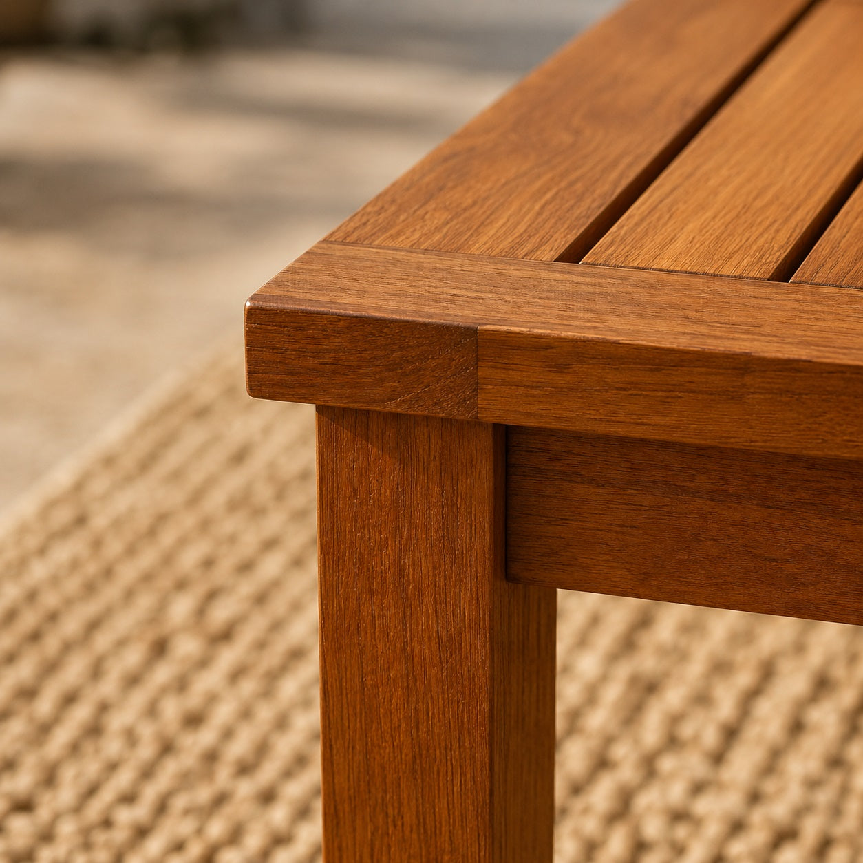 Gros plan d'une table basse de jardin en bois avec texture détaillée, finition soignée et assemblage robuste, ambiance extérieure élégante.