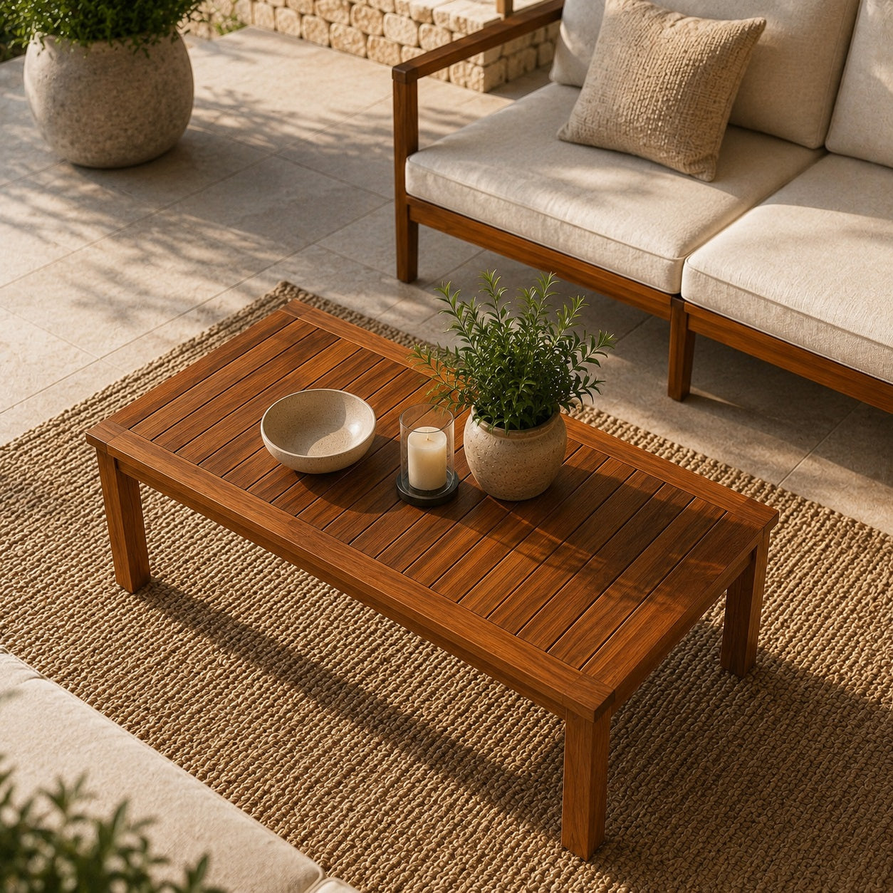 Table basse de jardin en bois vue à 60°, terrasse élégante avec mobilier d'extérieur, lumière naturelle et finition bois premium.