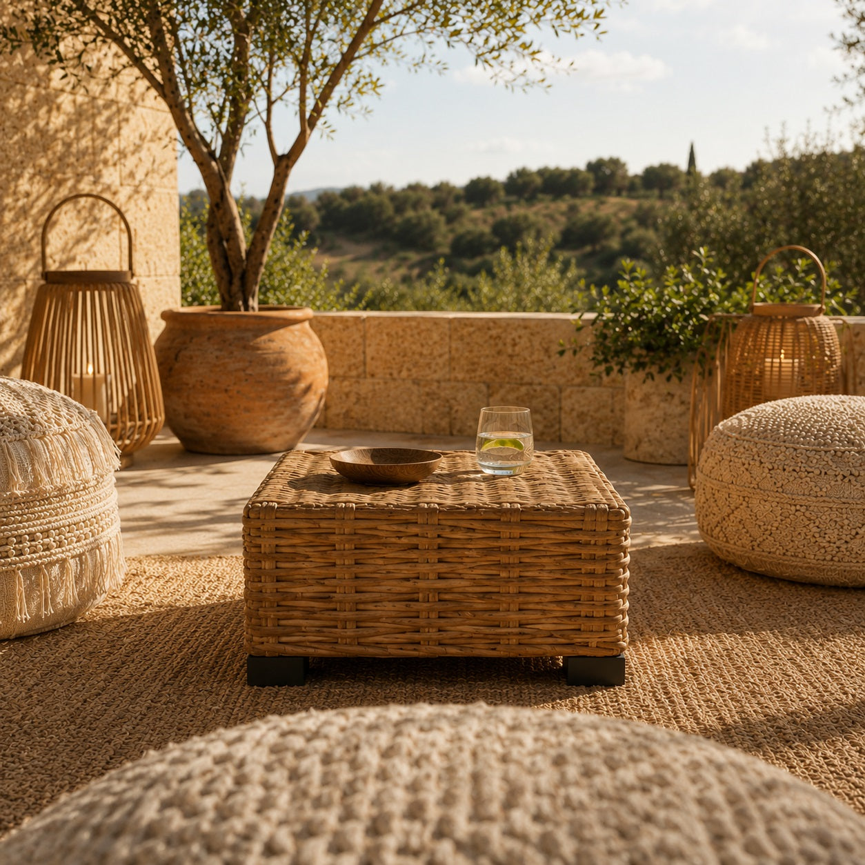 Table basse d’extérieur en rotin naturel au centre d’un salon de jardin bohème, petite table basse de jardin carrée pour terrasse ensoleillée.