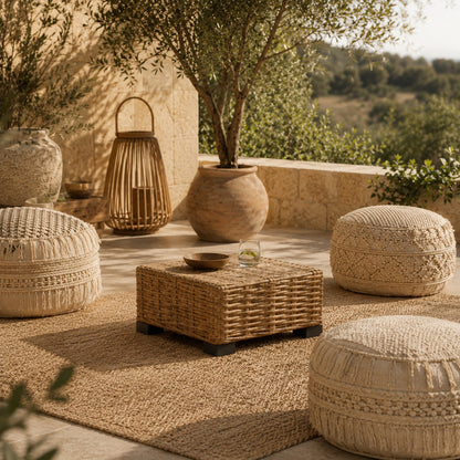 Table basse de jardin en rotin tressé installée sur une terrasse bohème, table basse d’extérieur naturelle avec poufs et décoration chaleureuse.