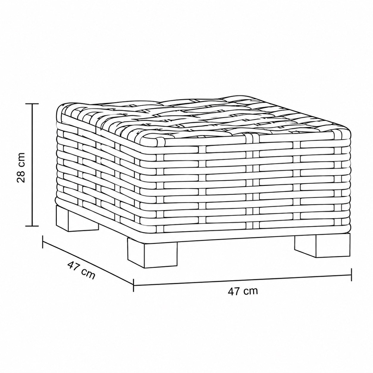 Dimensions d’une table basse de jardin carrée en rotin naturel 47 x 47 x 28 cm, table basse d’extérieur compacte et décorative.