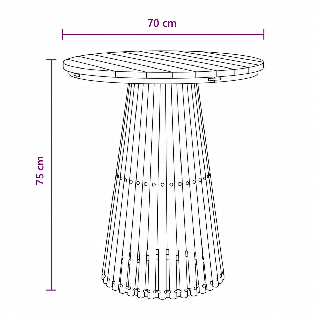 Dimensions de la table basse de jardin ronde en bois, parfaite comme table basse d’extérieure compacte.