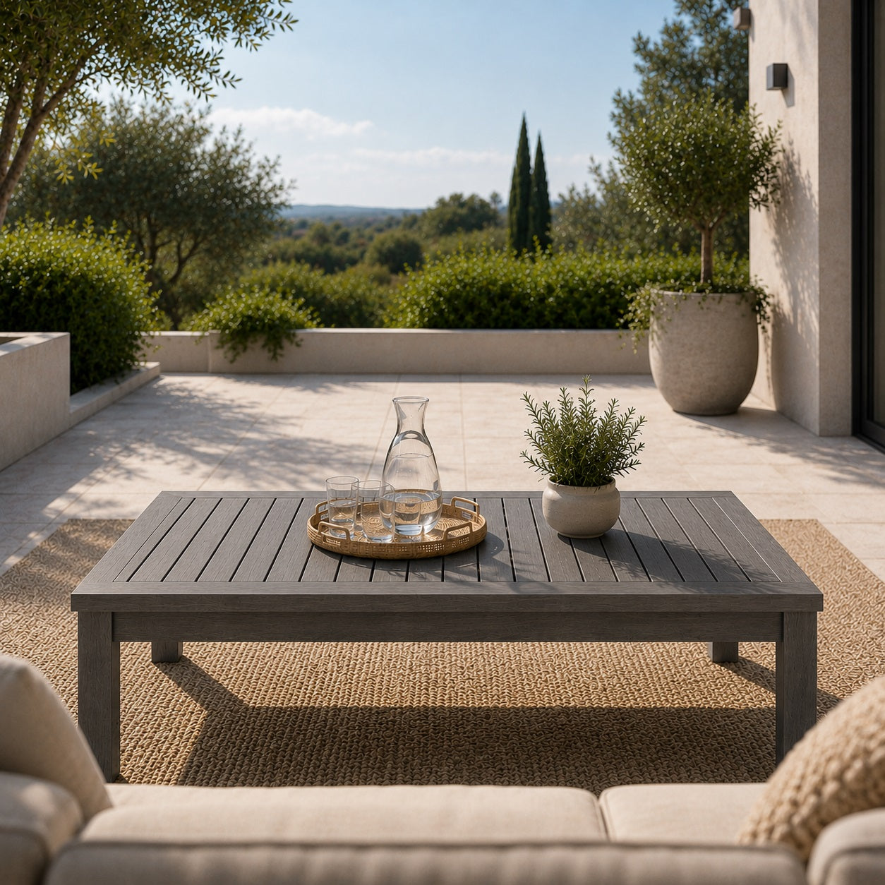 Grande table basse de jardin grise pour espace détente extérieur lumineux et contemporain