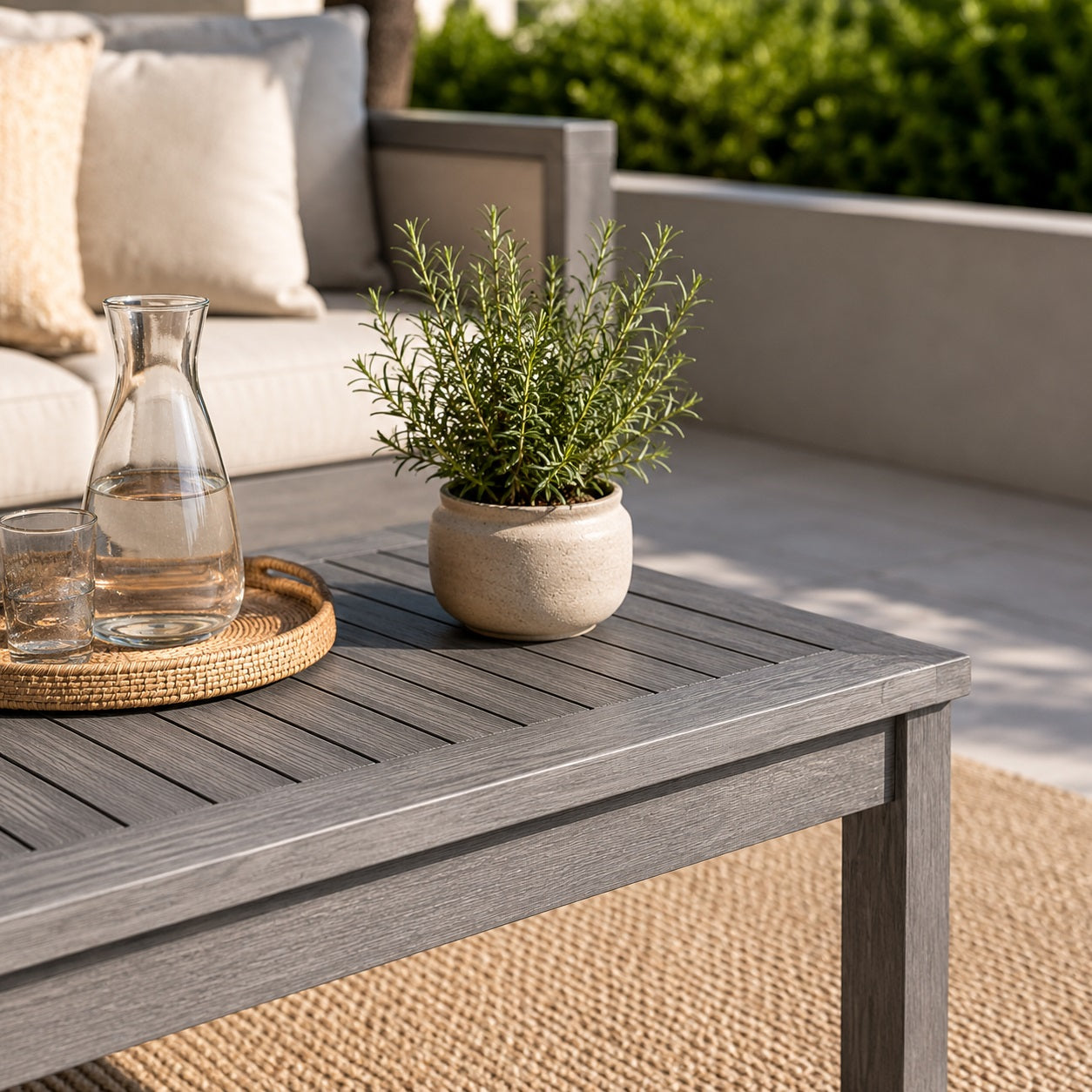 Table basse de jardin en bois avec carafe, verres et plante décorative sur terrasse moderne.