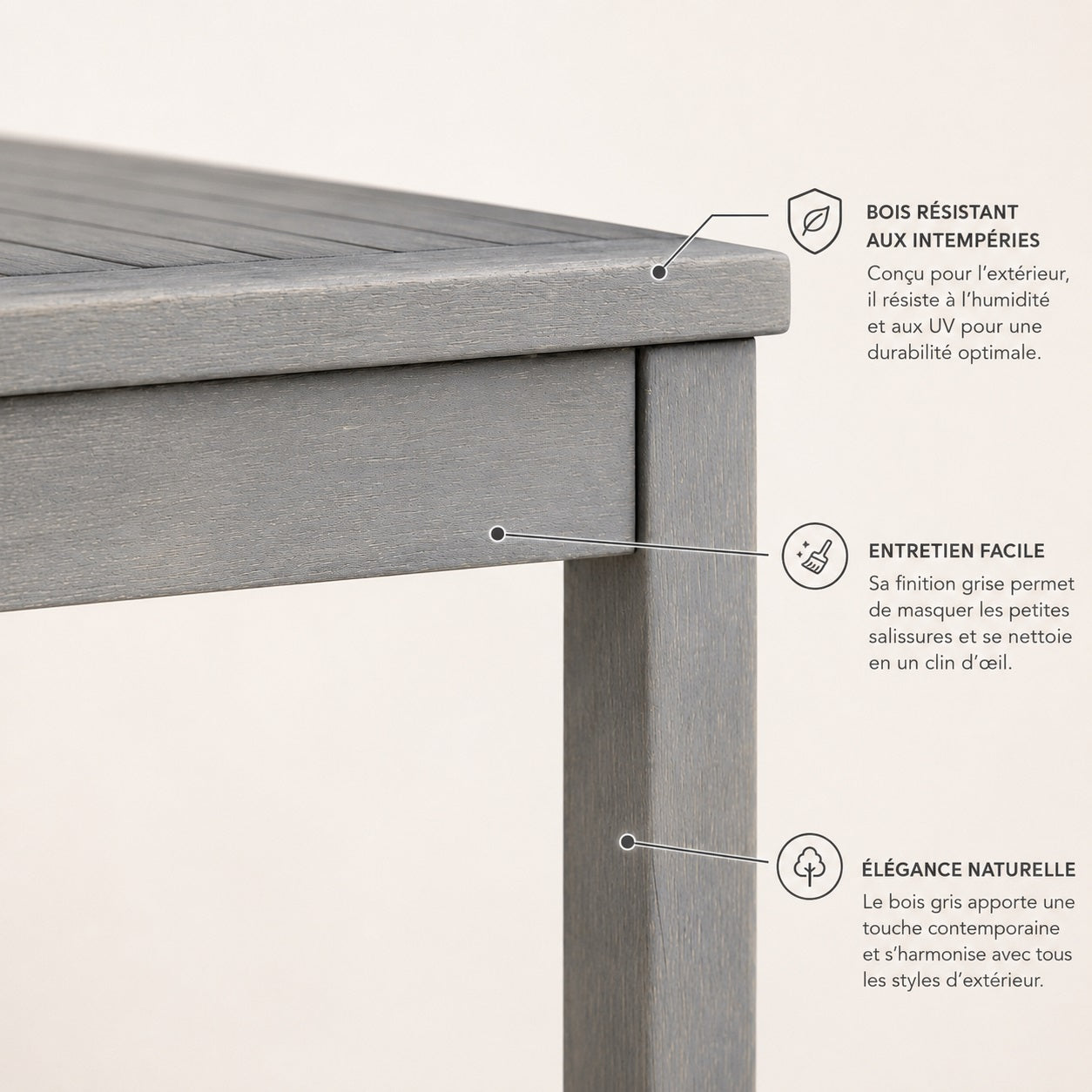 Détail finition bois gris d’une table basse de jardin résistante pour usage extérieur moderne