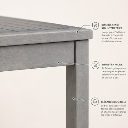 Détail finition bois gris d’une table basse de jardin résistante pour usage extérieur moderne