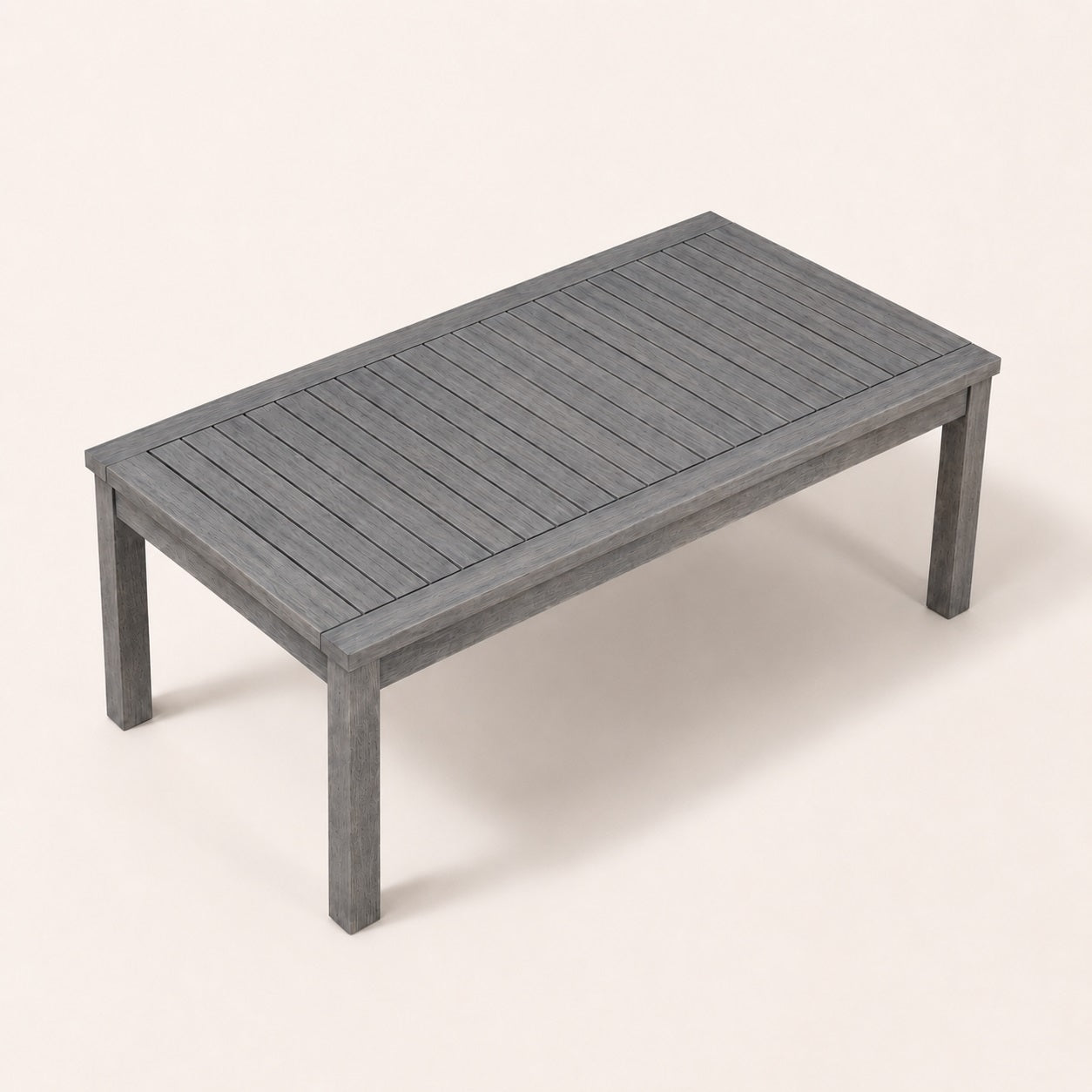 Table basse de jardin vue plongeante avec plateau à lattes grises pour extérieur moderne