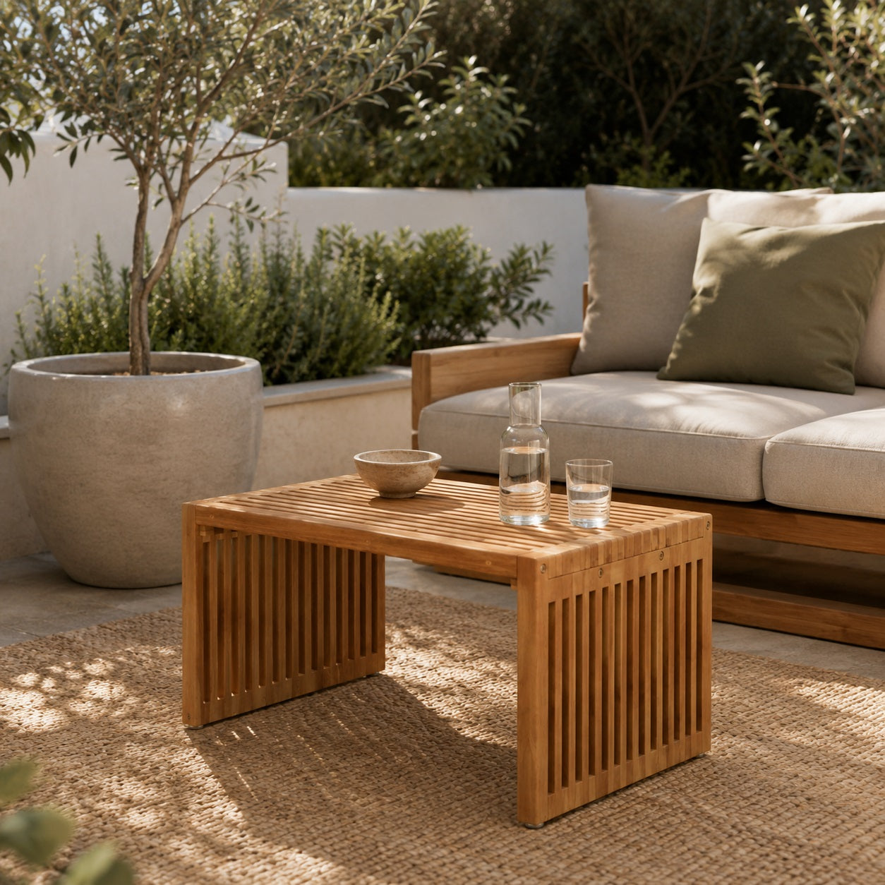 Table basse de jardin Kanoa en bois naturel sur terrasse moderne, table basse d’extérieure élégante et chaleureuse