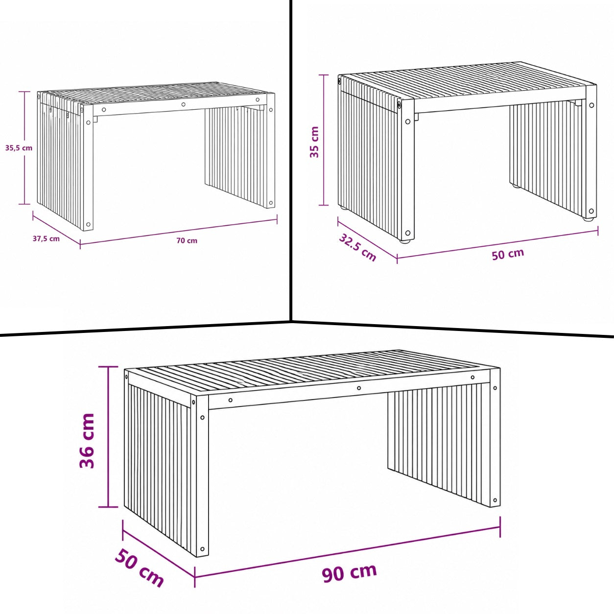 Dimensions de la table basse de jardin Kanoa en bois, table basse d’extérieure disponible en plusieurs tailles