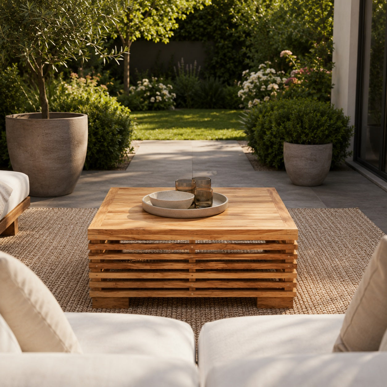 Table basse de jardin en bois massif pour salon extérieur, table basse d’extérieure style contemporain