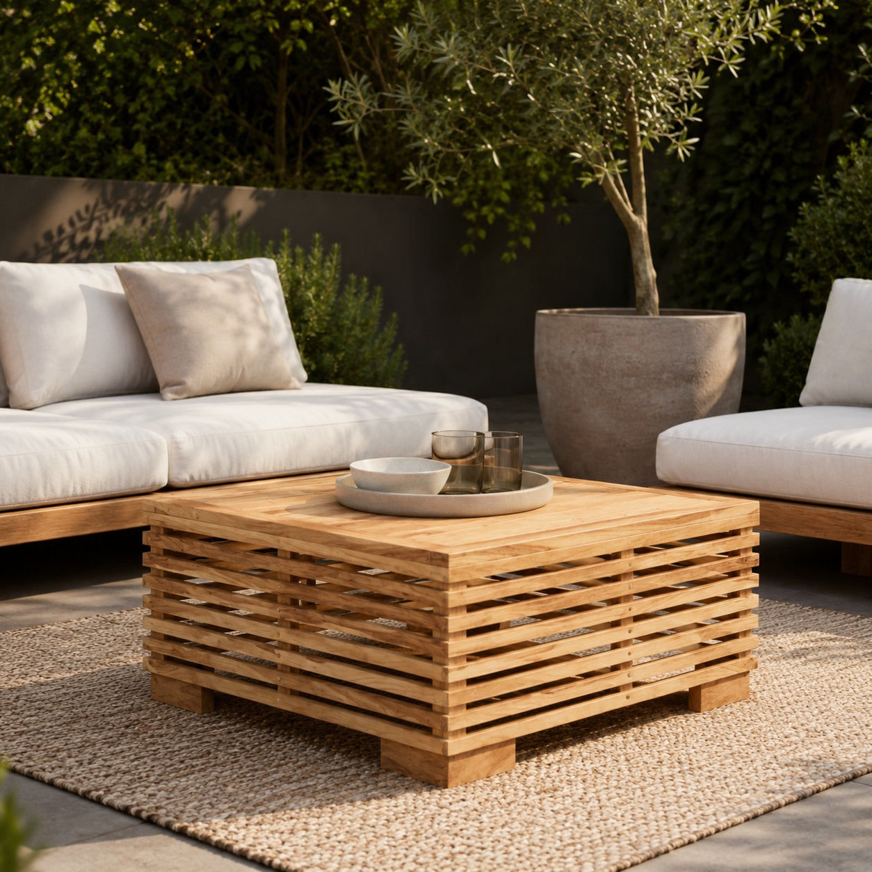 Table basse de jardin Lattis en teck sur terrasse, table basse d’extérieure élégante et chaleureuse