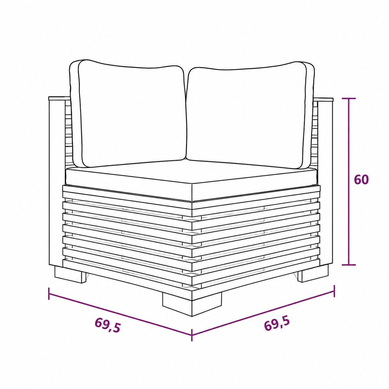 Dimensions fauteuil et table basse de jardin Lattis, table basse d’extérieure compacte et moderne