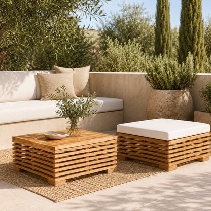 Table basse de jardin Lattis avec module blanc, table basse d’extérieure en bois naturel style lounge