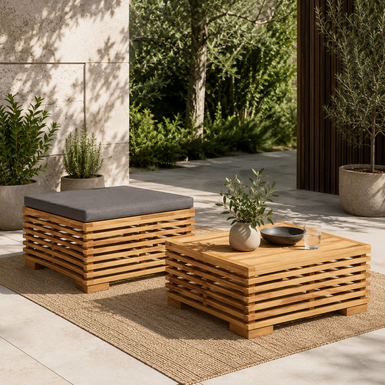 Table basse de jardin Lattis avec module gris anthracite, table basse d’extérieure moderne et élégante