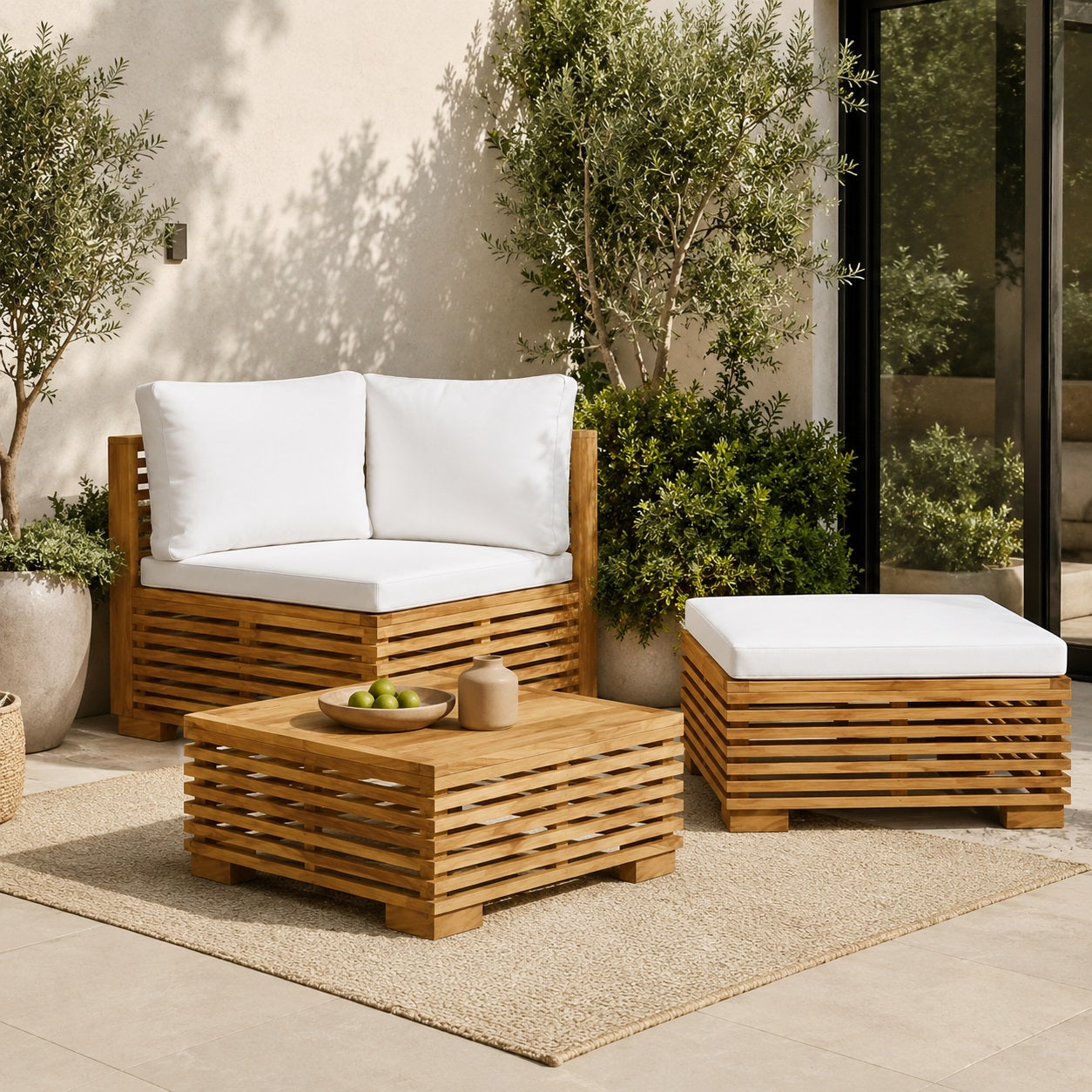 Ensemble table basse de jardin Lattis et fauteuil blanc, mobilier d’extérieure en bois naturel moderne