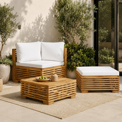 Ensemble table basse de jardin Lattis et fauteuil blanc, mobilier d’extérieure en bois naturel moderne