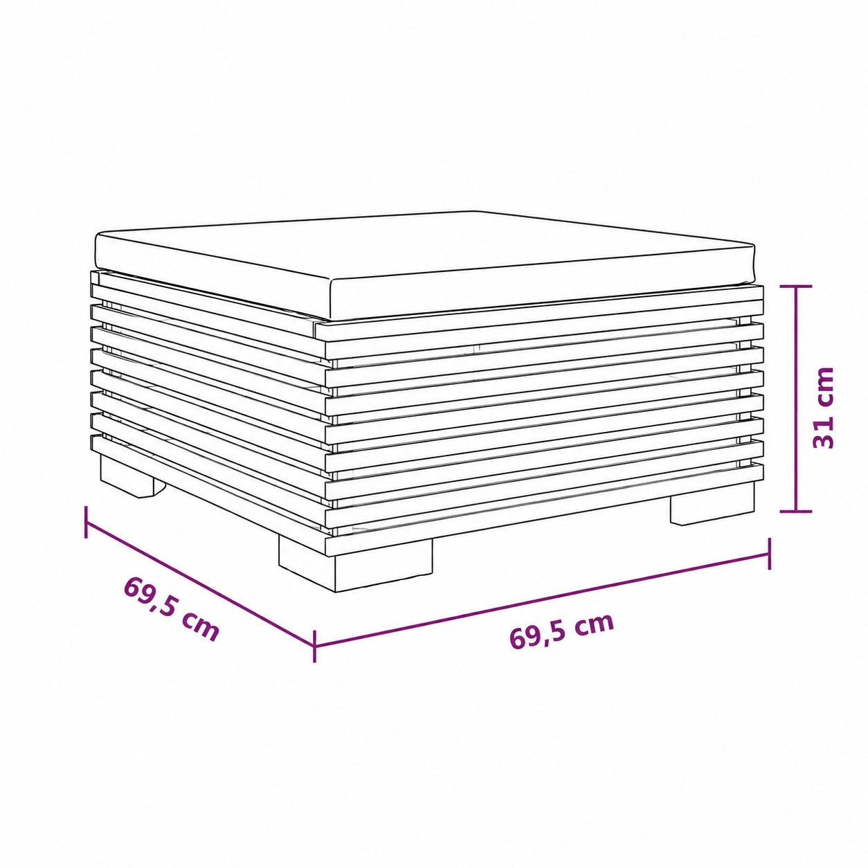 Schéma table basse de jardin avec coussin, table basse d’extérieure design et dimensions détaillées