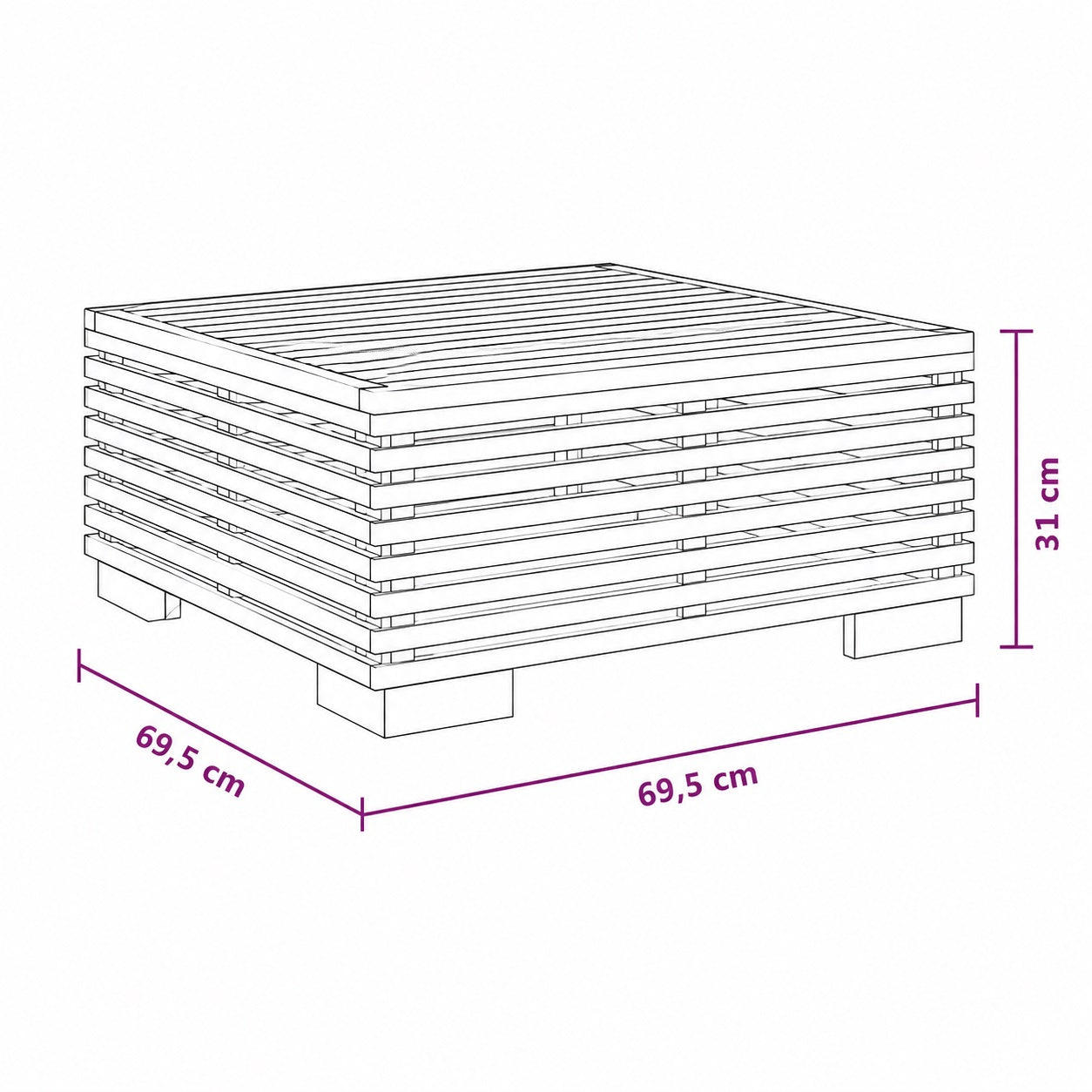 Dimensions table basse de jardin Lattis, table basse d’extérieure compacte en bois naturel 69,5 cm