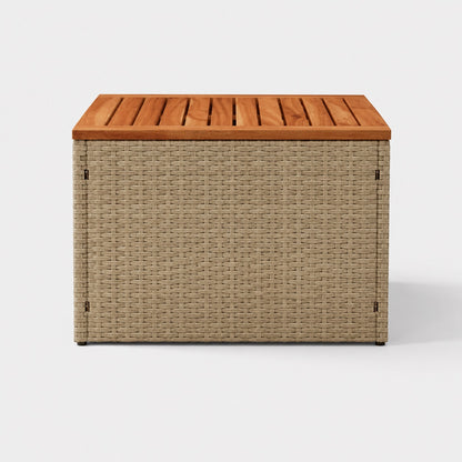 Table basse de jardin rectangulaire beige avec plateau en bois, parfaite pour un espace d’extérieure raffiné.