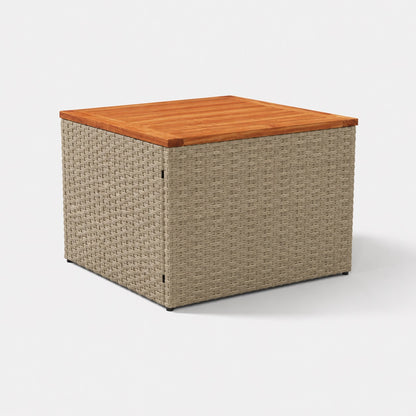 Table basse de jardin tressée beige avec plateau en bois, idéale pour terrasse et salon d’extérieure moderne.