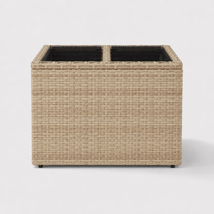 Table basse de jardin beige avec plateau en verre fumé, idéale pour terrasse et mobilier d’extérieure design.