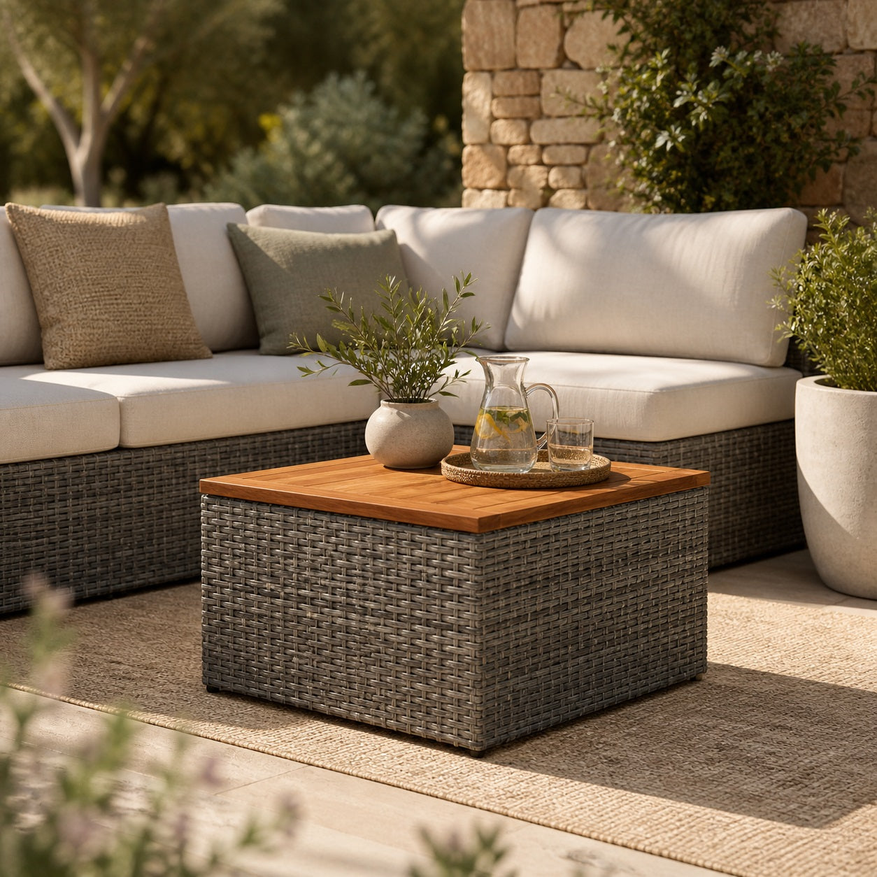 Table basse de jardin grise avec plateau en bois naturel dans un salon d’extérieure moderne et convivial.