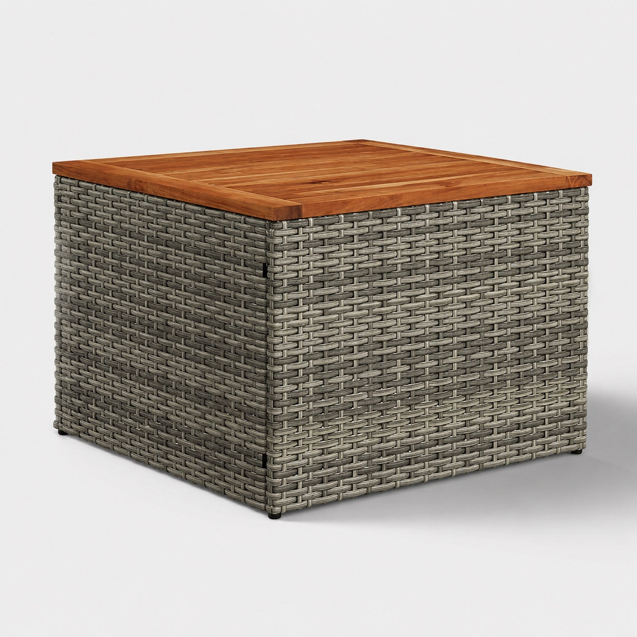 Table basse de jardin grise tressée avec plateau en bois, parfaite pour terrasse et salon d’extérieure chic.