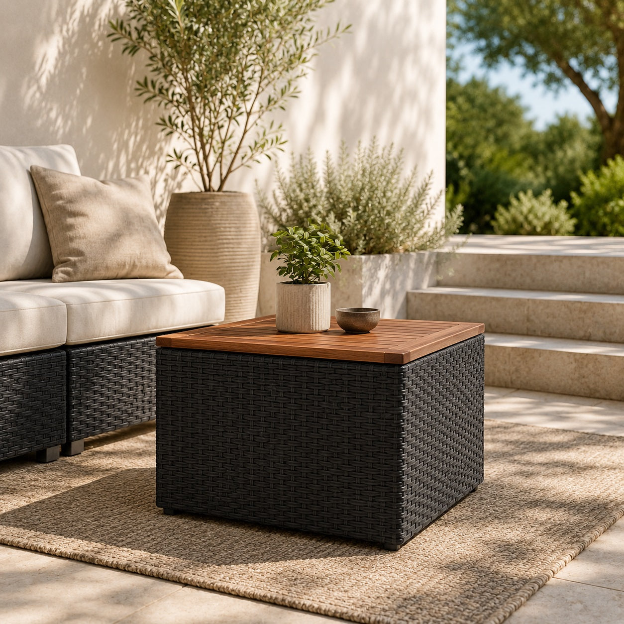 Table basse de jardin noire avec plateau en bois dans un salon d’extérieure moderne et raffiné.